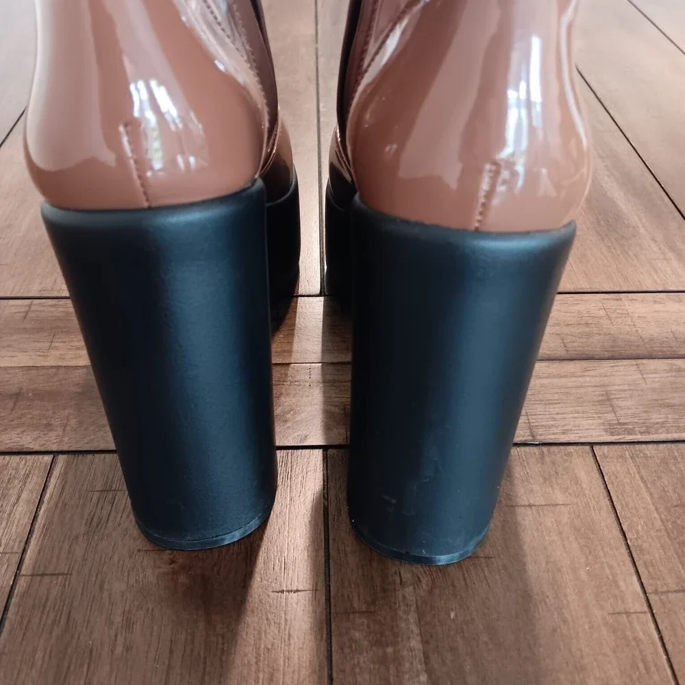 GB Gianni Bini Levi Tate Patent Platform Mid Boots Womens Sz 6 Caramel Brown NEW